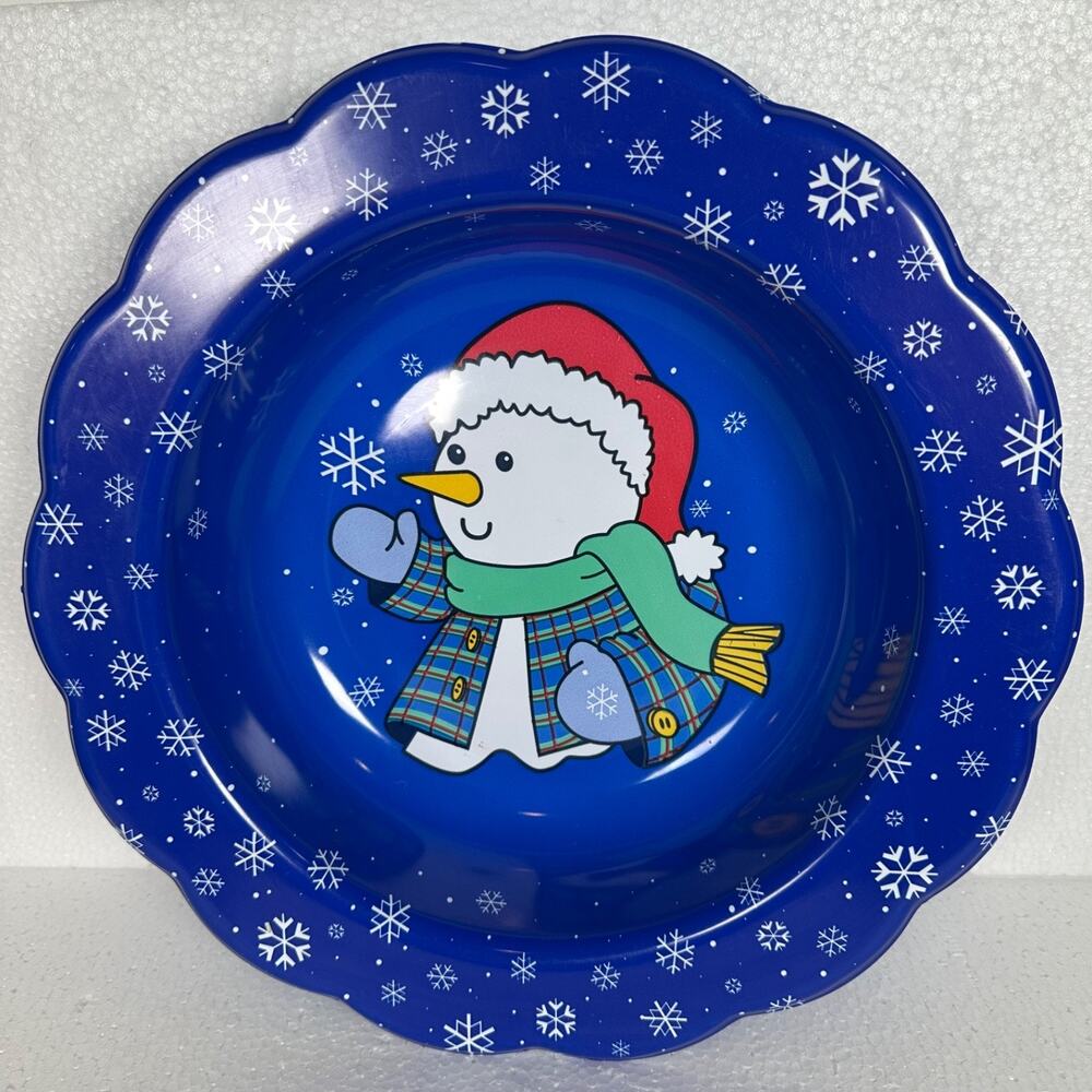 Vintage Snowman Snowflake Winter Serving Bowl Navy Blue Scallop Edge Holiday